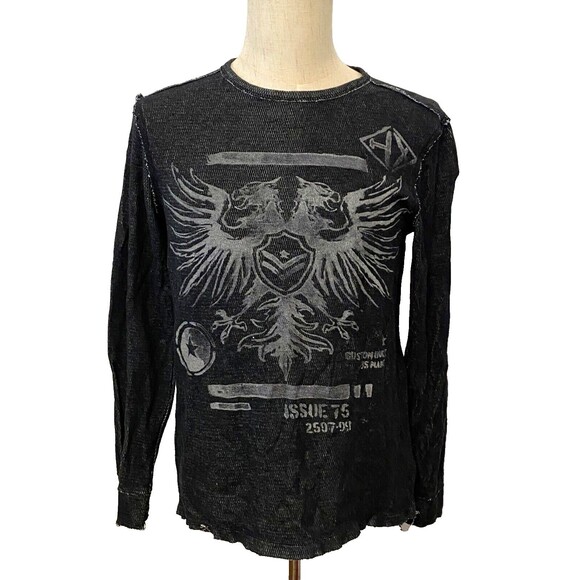 HELIX Men's M Thermal Shirt Gray Black Raw Hems Grunge Y2K Goth Skater MMA Crew - Picture 1 of 7